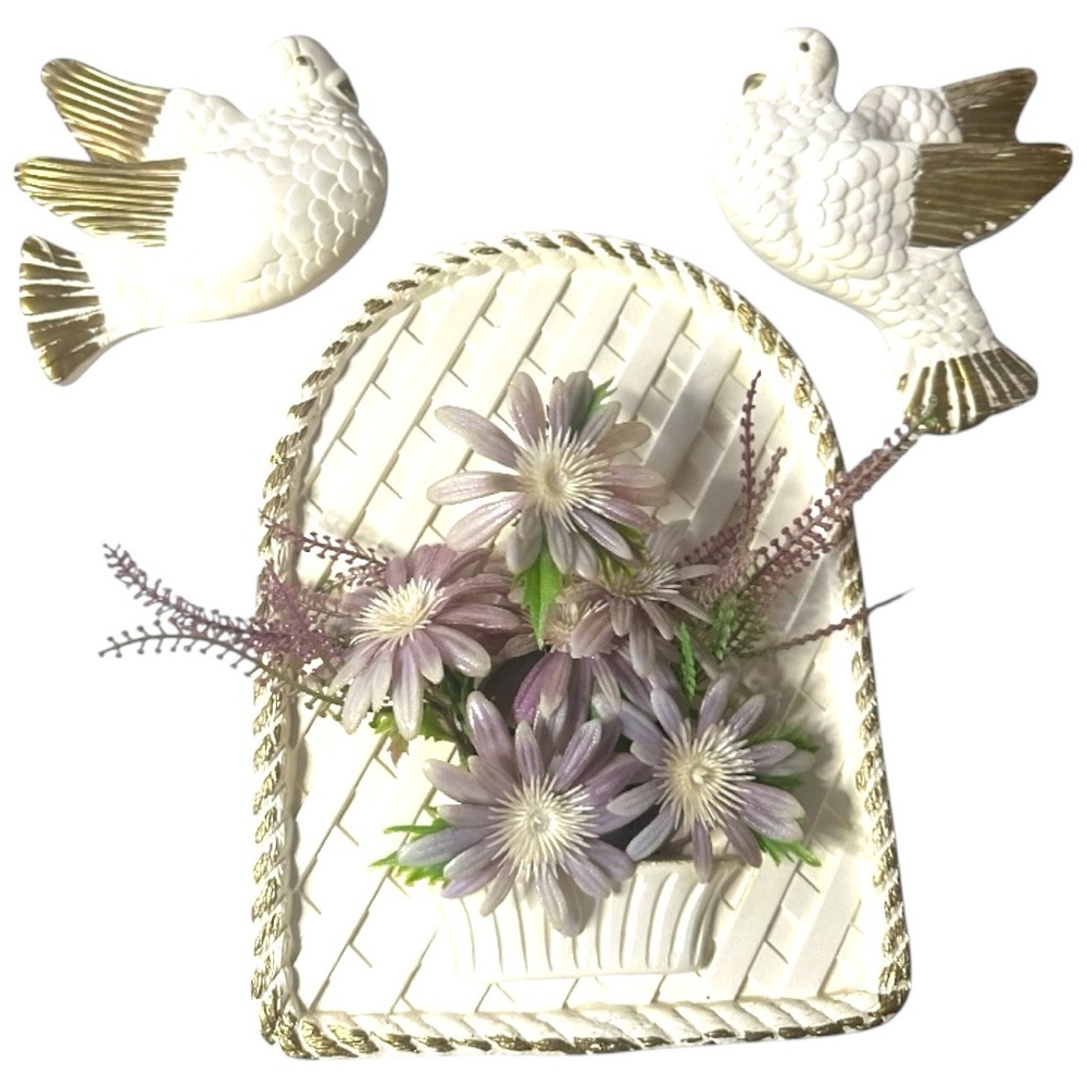 Vintage 1979 Miller Studio Chalkware Dove Wall Plaques & Floral Basket Set.